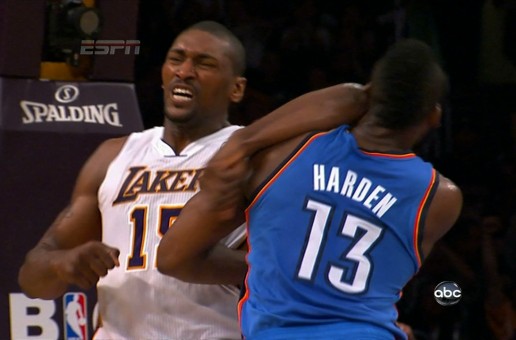 Metta World Peace aka Ron Artest Hits James Harden With An Elbow (Video)