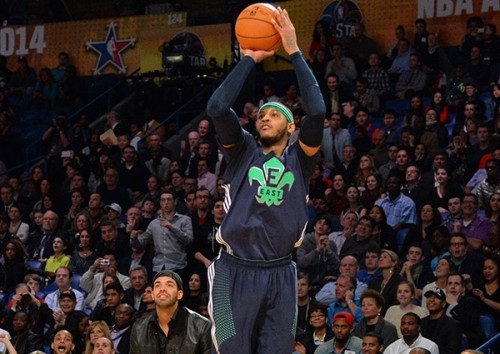 melo-drake.jpgw600h425-500x354 Carmelo Anthony Breaks an All-Star Record For 3 Pointers Made (Video)  