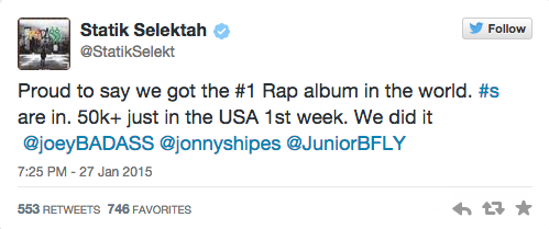 Statik Selektah Tweets, Joey Bada$$ Album Hits #1!
