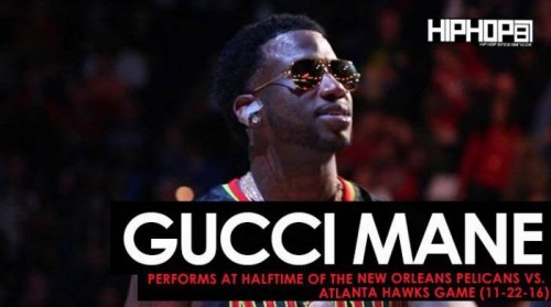 Gucci-Hawks-500x279 Gucci Mane Performs "Black Beatles", "First Day Out Da Feds" & More at Halftime of the New Orleans Pelicans vs. Atlanta Hawks Game (11-22-16)  