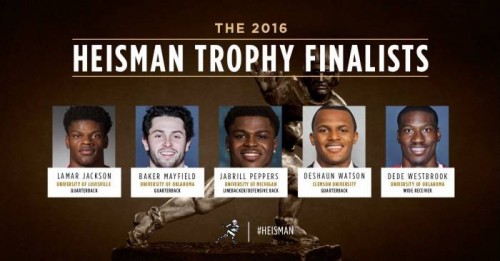 heisman-500x261 And The Winner Is: Lamar Jackson, Deshaun Watson, Jabrill Peppers, Dede Westbrook & Baker Mayfield Are the 2016 Heisman Finalists  